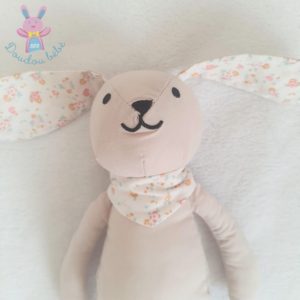 Doudou Lapin tissu beige blanc motif fleurs BOUT’CHOU