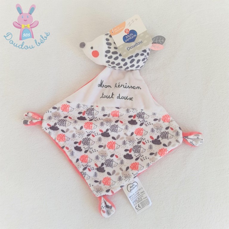 Doudou plat Hérisson blanc rose MOTS D'ENFANTS