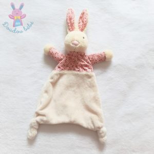 Doudou plat Lapin beige et tissu fleurs rouge rose JELLYCAT