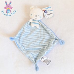 Doudou Ours blanc bleu rayé avec cape MOTS D’ENFANTS