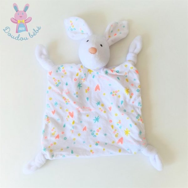 Doudou plat Lapin blanc coloré cœurs ronds étoiles Z Grain de Blé