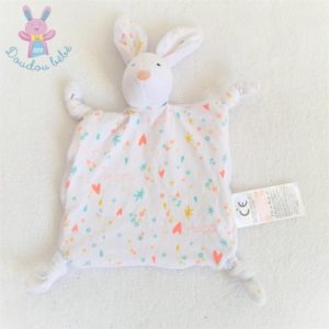 Doudou plat Lapin blanc coloré cœurs ronds étoiles Z Grain de Blé