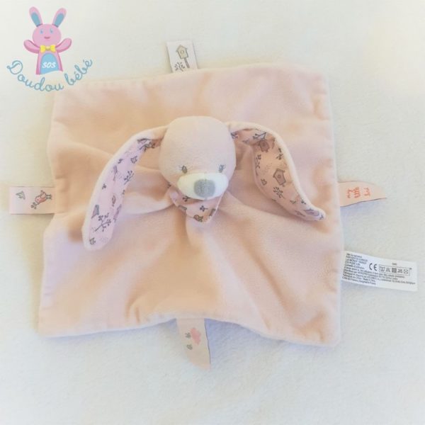 Doudou plat Lapin rose blanc fleurs oiseaux BOUT'CHOU