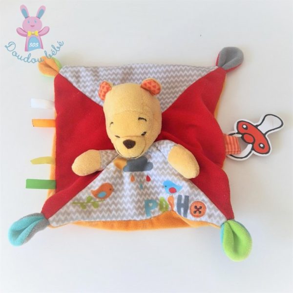 Doudou plat Winnie Pooh rouge orange oiseau attache tétine DISNEY