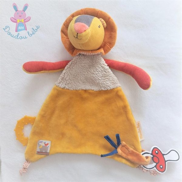 Doudou plat Lion Les Papoum jaune attache tétine MOULIN ROTY