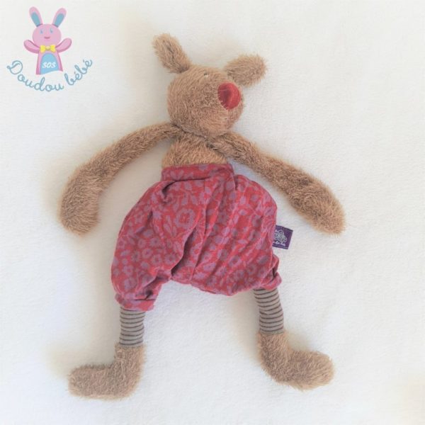 Doudou Souris marron short rouge mauve fleurs MOULIN ROTY