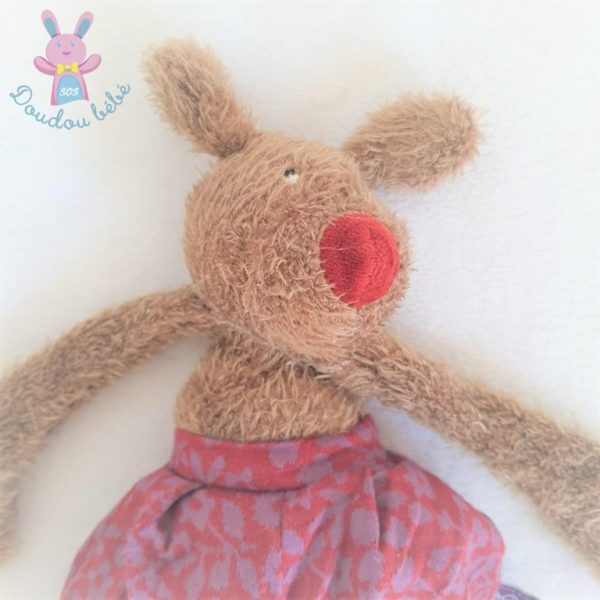 Doudou Souris marron short rouge mauve fleurs MOULIN ROTY