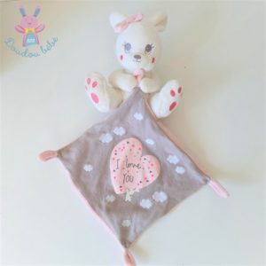 Doudou Lapin blanc mouchoir gris rose « I love you » nuages SIMBA