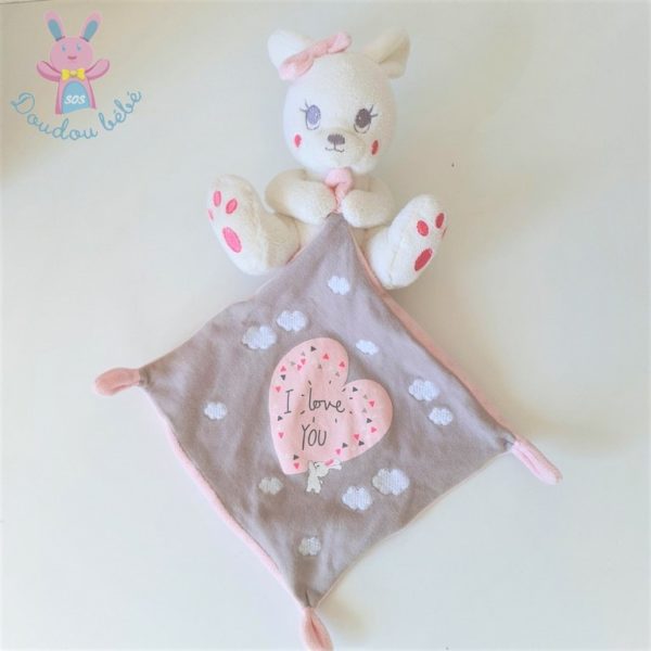 Doudou Lapin blanc mouchoir gris rose "I love you" nuages SIMBA