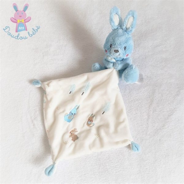 Doudou Lapin bleu mouchoir blanc sapins lapins TEX BABY