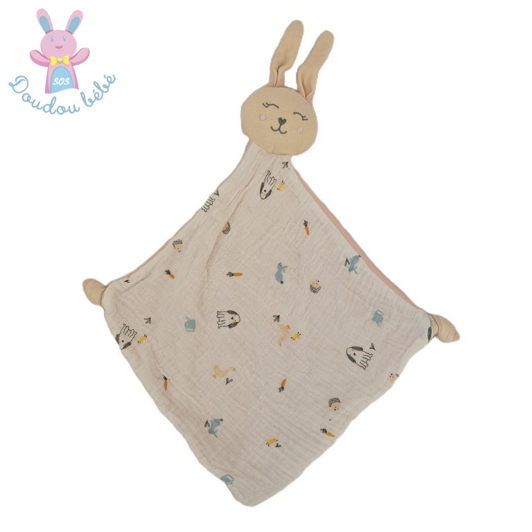 Doudou plat Lapin lange blanc rose chien hérisson carotte SIMBA