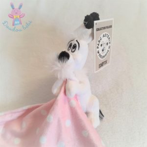 Doudou Chien Idéfix blanc mouchoir rose à pois Parc Astérix