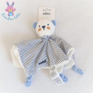 Doudou plat Ours blanc bleu et rayé « Bisou doux » Gémo