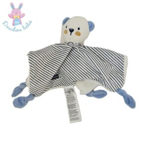 Doudou plat Ours blanc bleu et rayé « Bisou doux » Gémo