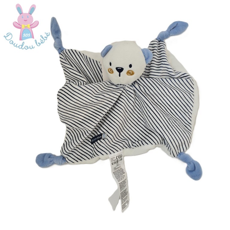 Doudou plat Ours blanc bleu rayé "Bisou doux" Gémo