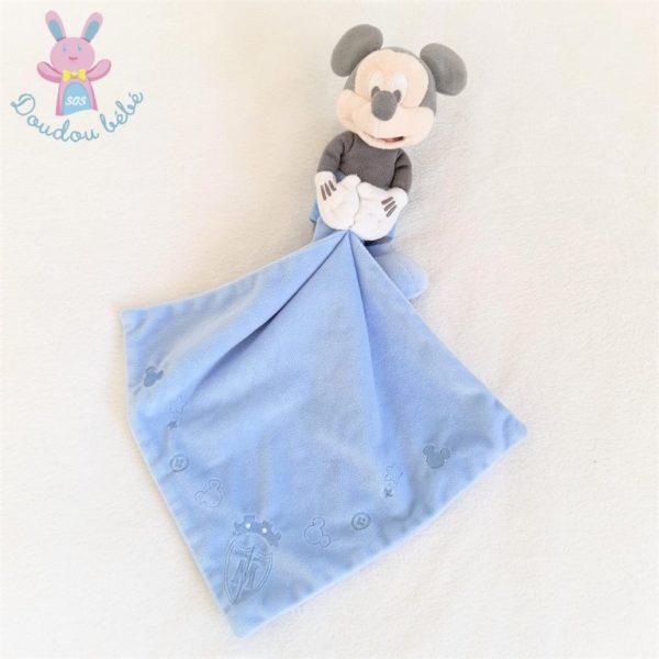 Doudou Mickey gris bleu blanc mouchoir bleu DISNEY STORE