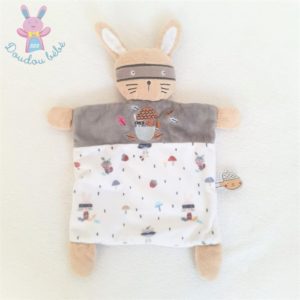 Doudou plat Lapin masqué blanc gris champignons MOTS D’ENFANTS