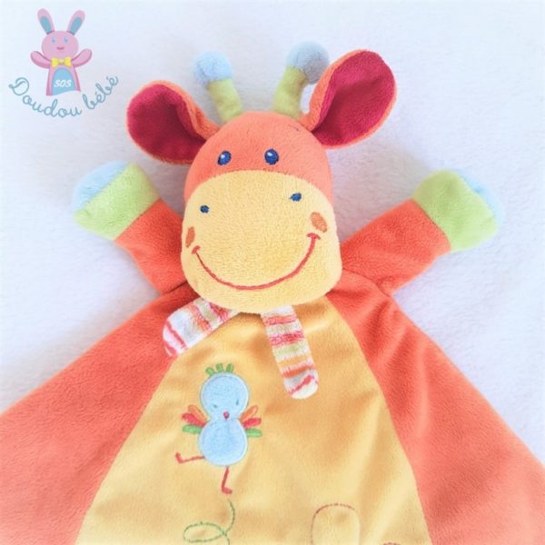 Doudou plat Girafe orange jaune fleurs oiseau MOTS D'ENFANTS