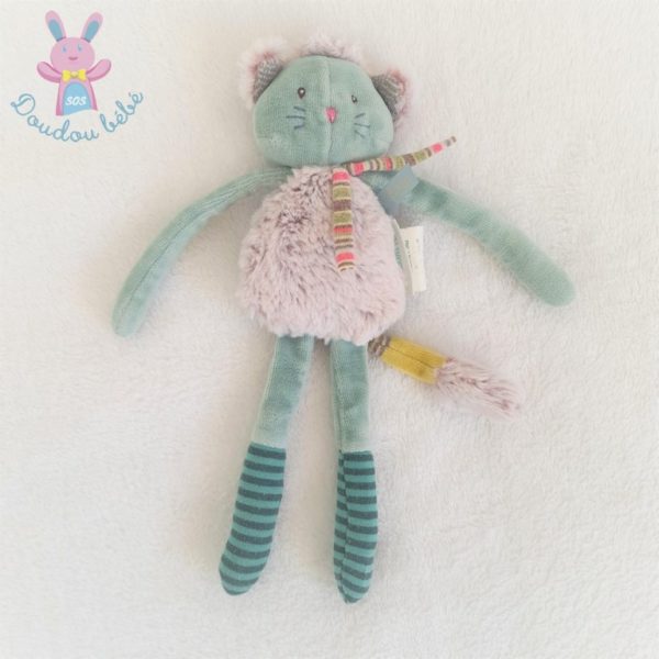 Doudou Chat hochet Les Pachats vert gris rayé MOULIN ROTY
