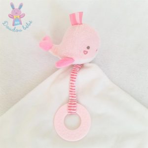 Doudou Baleine rose blanc mouchoir cœur anneau dentition POMMETTE