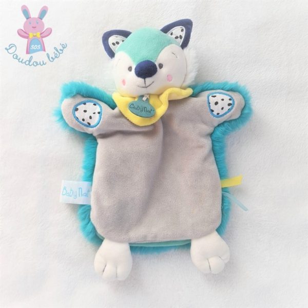 Doudou marionnette Renard Neskimos gris bleu vert jaune BABY NAT