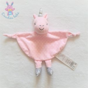 Doudou plat Licorne grelot rose blanc gris étoiles TOM & KIDDY