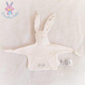 Doudou plat Lapin tissu blanc écru gris plumes PETIT BATEAU