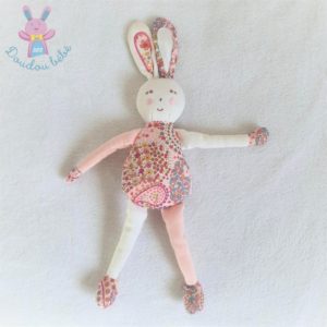 Doudou Lapin tissu rose blanc motif fleurs Marèse