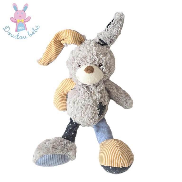 Doudou Lapin gris bleu marine étoiles rayé orange TAPE A L'OEIL TAO