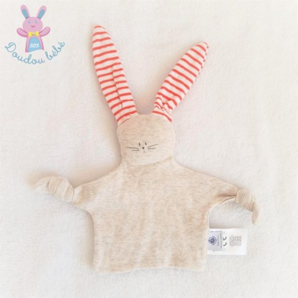 Doudou plat Lapin tissu gris et rayé rouge blanc PETIT BATEAU