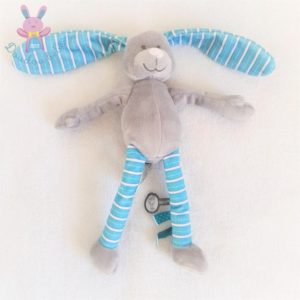 Doudou Lapin gris bleu turquoise et blanc rayé 25 cm VACO