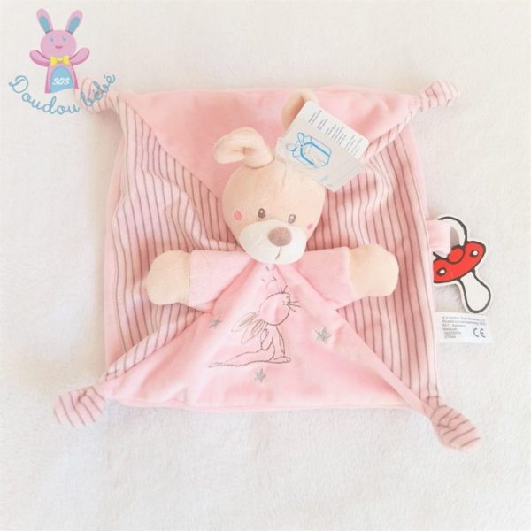 Doudou plat Lapin rose rayé attache tétine SIMBA