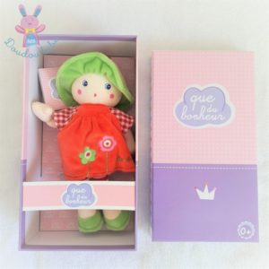 Doudou Poupée chiffon Annaêlle rouge vert fleurs QUE DU BONHEUR