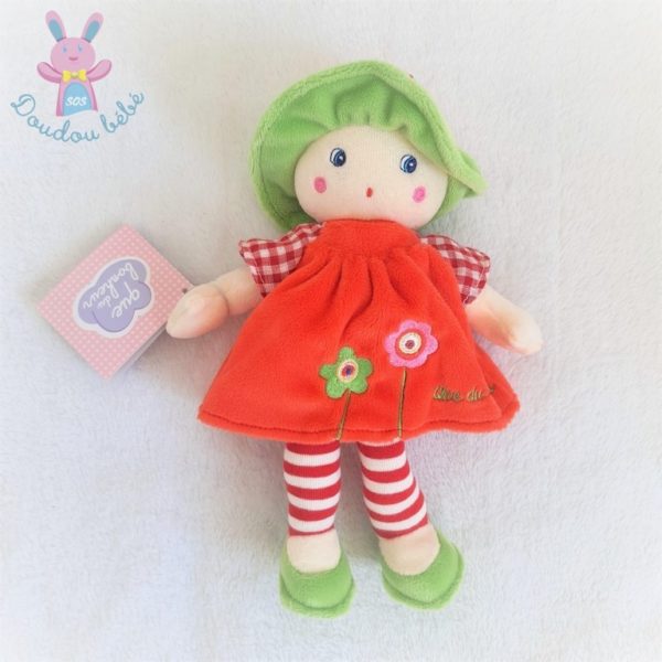 Doudou Poupée chiffon Annaêlle rouge vert fleurs QUE DU BONHEUR