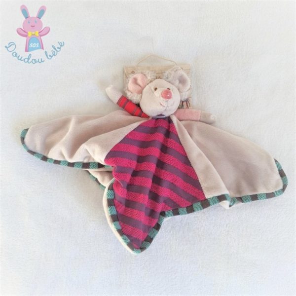 Doudou plat Souris beige et rayé rose framboise bleu BUKOWSKI