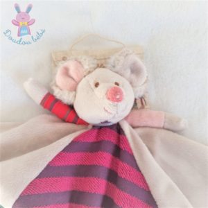 Doudou plat Souris beige et rayé rose framboise bleu BUKOWSKI