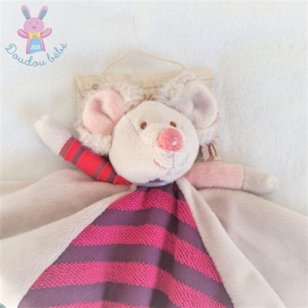 Doudou plat Souris beige et rayé rose framboise bleu BUKOWSKI