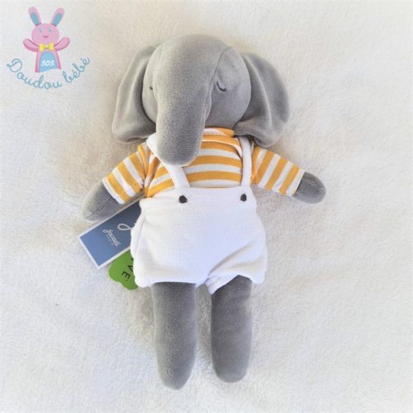 Doudou éléphant gris pull rayé jaune salopette blanche JACADI