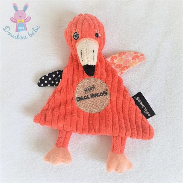 Doudou plat Flamant rose orange saumon Les Déglingos