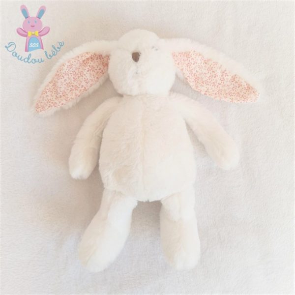 Doudou Lapin blanc fourrure et tissu fleurs saumon BOUCHARA