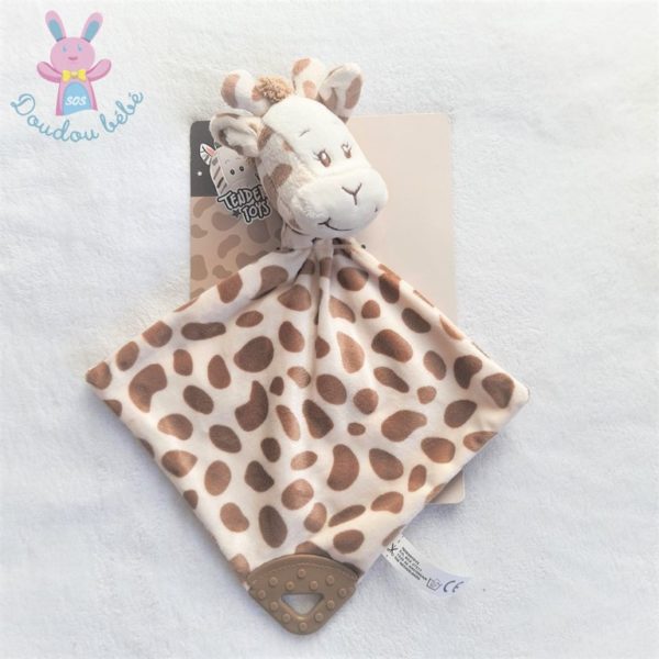 Doudou plat Girafe marron blanc anneau de dentition TENDER TOYS