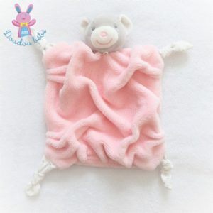 Doudou plat Ours plume rose pâle gris attache tétine KALOO