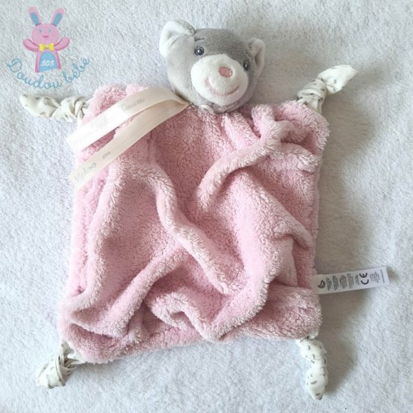 Doudou plat Ours plume rose pâle gris attache tétine KALOO