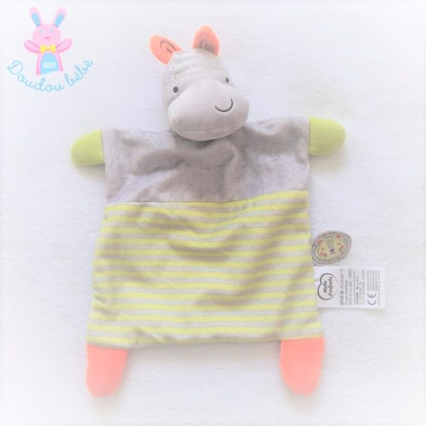 Doudou plat Hippopotame gris rayé vert fluo MOTS D'ENFANTS