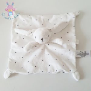 Doudou plat Lapin blanc gris étoiles attache tétine SIMBA