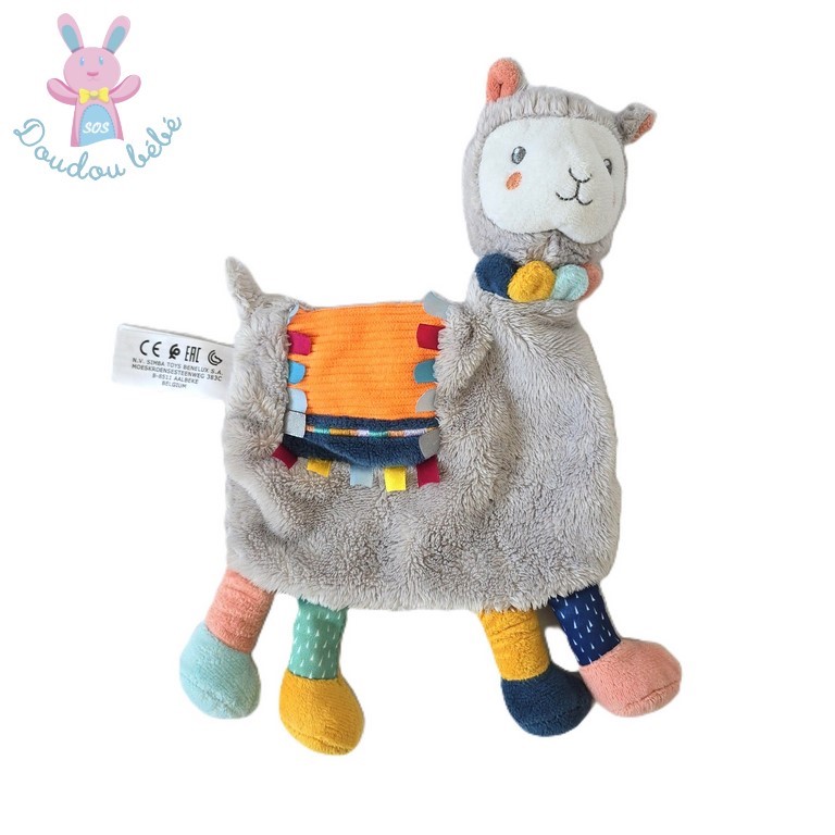 Doudou plat Lama gris orange bleu et coloré KIABI SIMBA