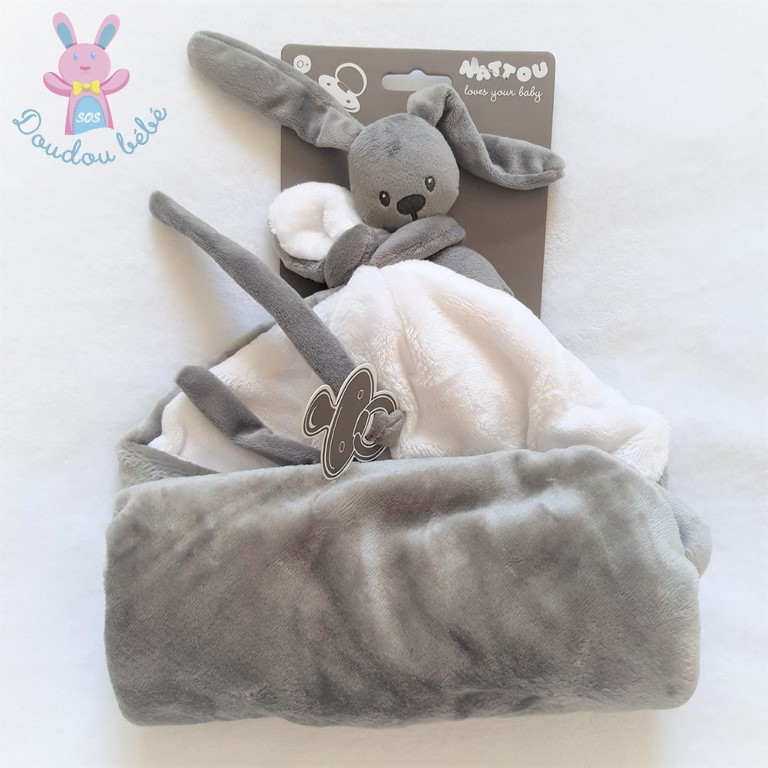 Doudou couverture lapin NATTOU Lapidou gris anthracite et blanc - S