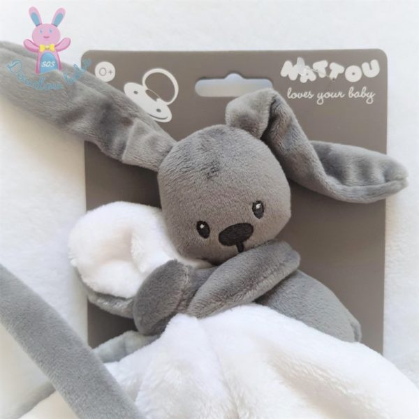 Doudou Lapin gris foncé anthracite et blanc couverture NATTOU