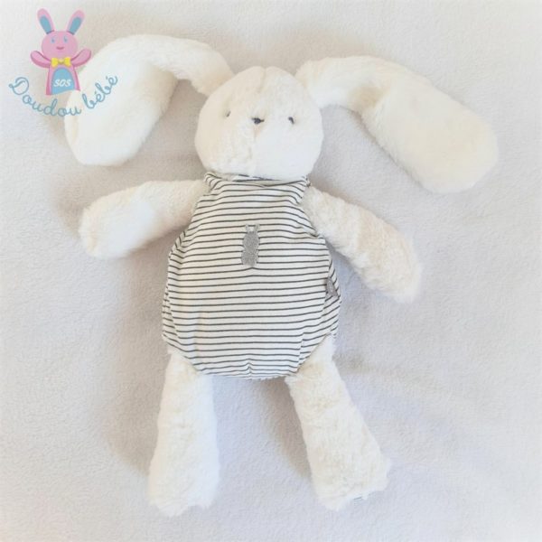 Doudou Lapin blanc combinaison rayé gris OBAIBI OKAIDI