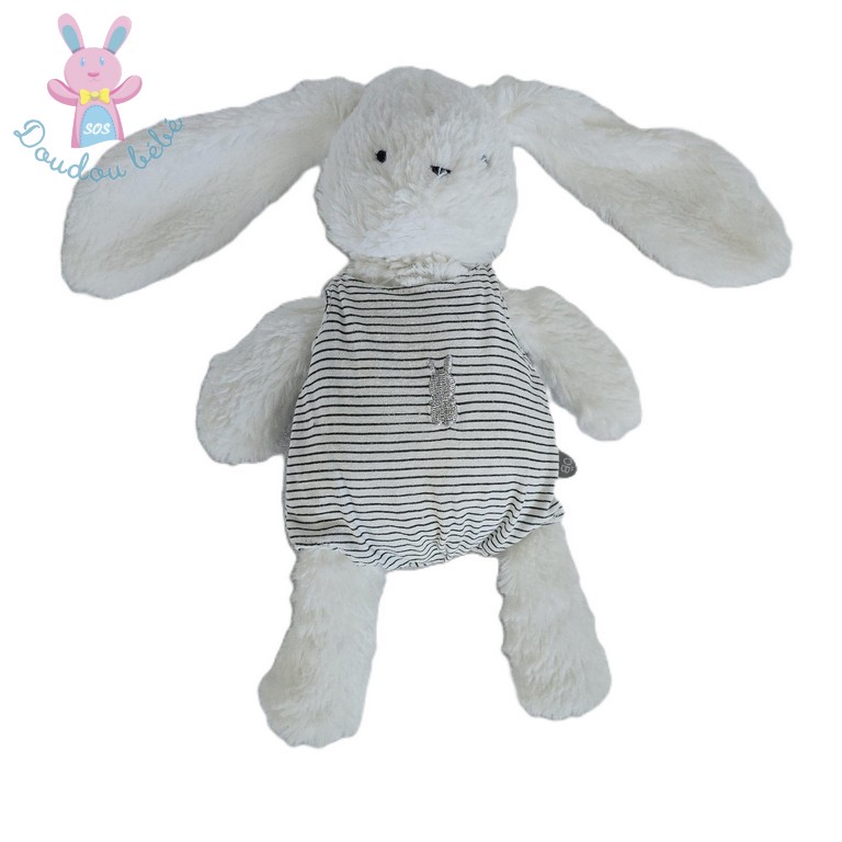 Doudou Lapin blanc combinaison rayé gris OBAIBI OKAIDI